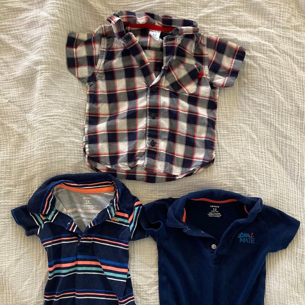Carter's boys 12 month collared onesies/bodysuits - bundle of three (3)